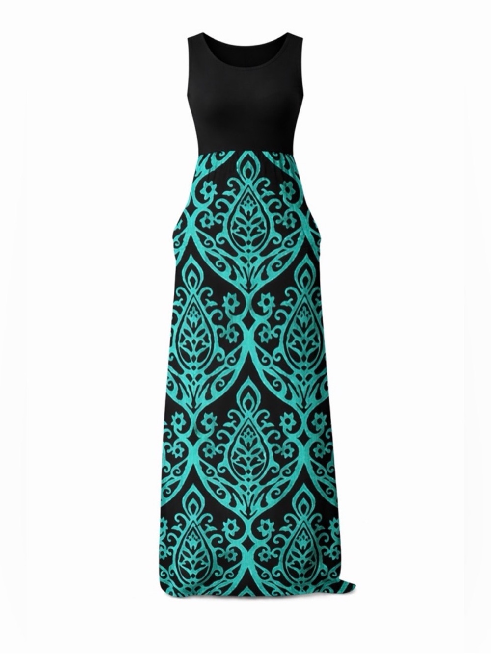 AUSELILY Women’s Maxi Dress XS Black & Teal Boho Sleeveless Loose Fit Dress